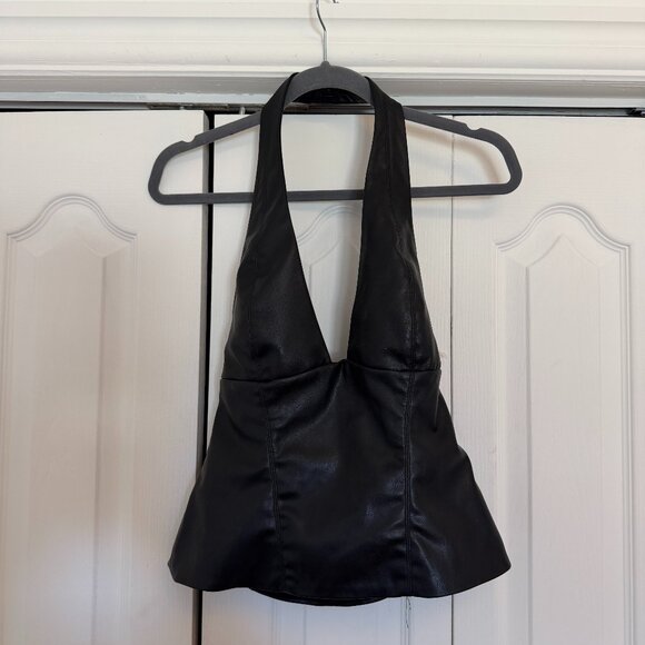Zara Tops - Black Faux Leather Deep-V Halter Top